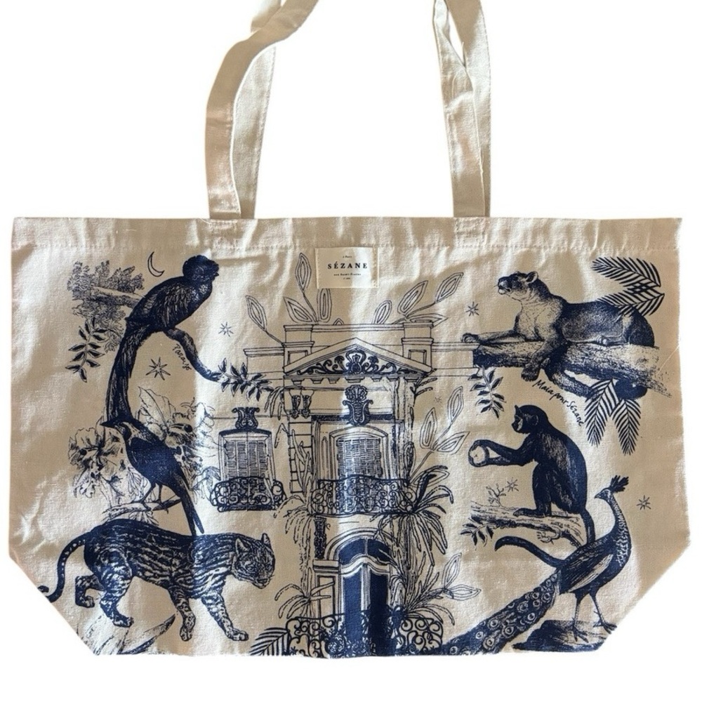 Like New Sezane Jumbo Canvas Tote Bag with Blue Jungle Print